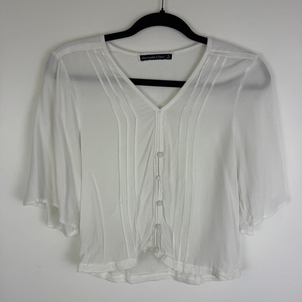 Abercrombie & Fitch Womens Short Flutter Sleeve Semi-Sheer White Crop Top Small